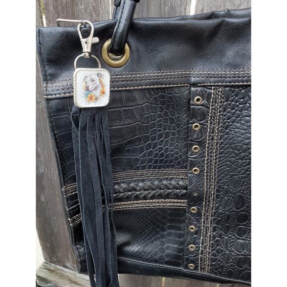 Handmade boho Pitbull dog lover gift Leather Fringe Western bag charm keychain - Picture 2 of 3
